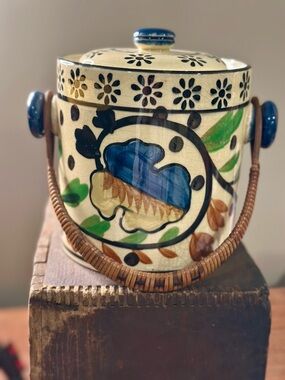 Vintage Japan Hand Painted Ceramic Cookie Jar Wicker Handle Post WWII